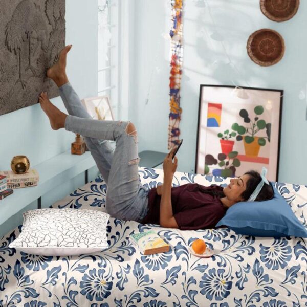 Blooming Blues Floral Printed Cotton Bedsheet - 300 TC Blooming Blues Floral Printed Cotton Bedsheet - 300 TC