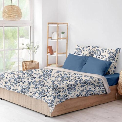Blooming Blues Floral Printed Cotton Bedsheet - 300 TC