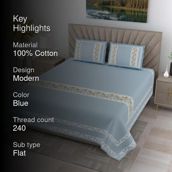 French Fleur Cotton Bedsheet (Blue) - 240 TC French Fleur Cotton Bedsheet (Blue) - 240 TC