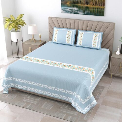French Fleur Cotton Bedsheet (Blue) - 240 TC