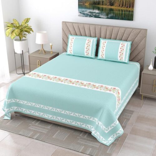 French Fleur Cotton Bedsheet (Turquoise) - 240 TC