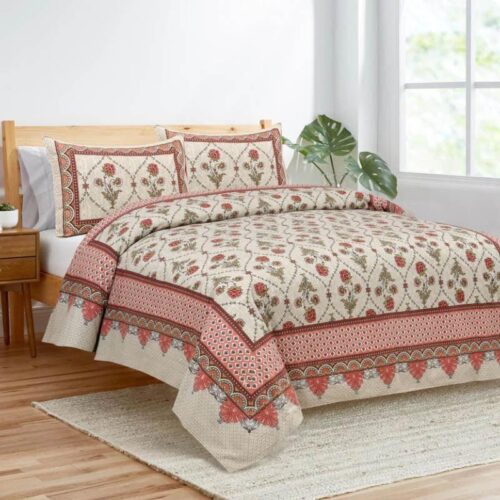 Mughal Jaali Printed Bedsheet - Red & Beige