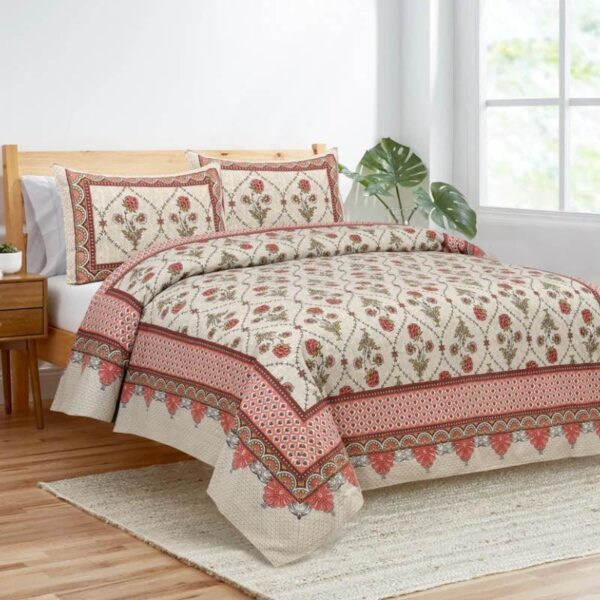 Mughal Jaali Printed Bedsheet - Red & Beige