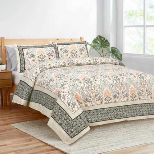Mughal Jaali Printed Cotton Bedsheet (Green & Beige) - 120 TC