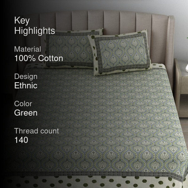 Triveni Treasure Ethnic Cotton Bedsheet (Green) - 140 TC Triveni Treasure Ethnic Cotton Bedsheet (Green) - 140 TC