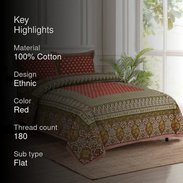 Trivona Regal Ethnic Bedsheet - Red & Dark Green